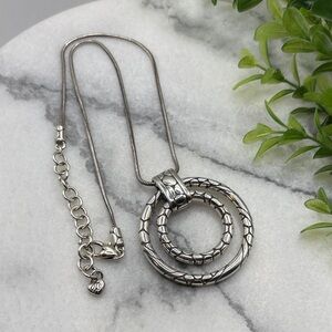 Brighton Silver Double-Ring Pendant Necklace with Navy & Teal Pouch